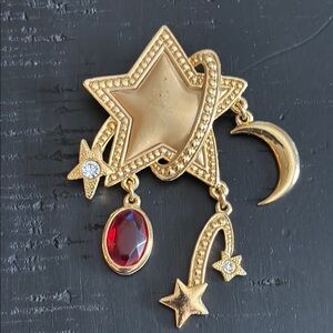 Gold Celestial Dangle Star and Moon Brooch with Red Gemstone​